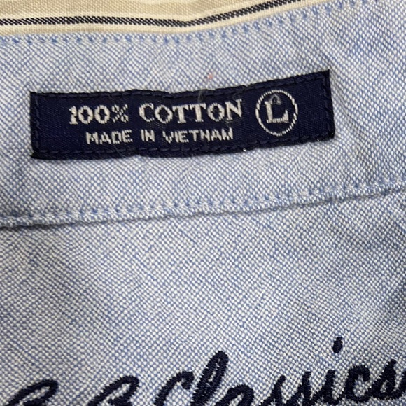 BB Classics Button-Down Blue Tan Stripe Short Sleeve Cotton Shirt Size Large - Picture 4 of 6